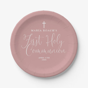 Elegant Dusty Rose Pink First Holy Communion Paper Plate