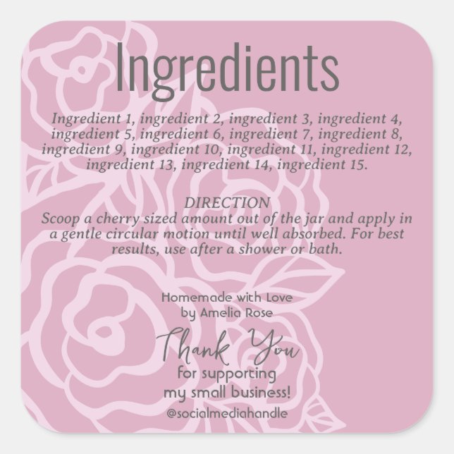 Elegant Dusty Rose Pink Floral Ingredient Label (Front)