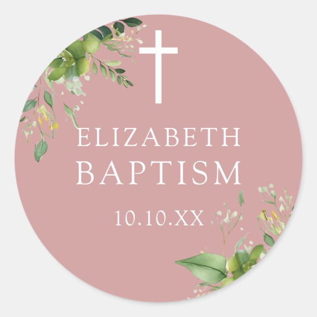 Elegant Dusty Rose Pink Greenery Baptism Favour Classic Round Sticker (Front)