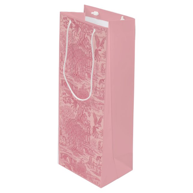 Elegant Dusty Rose Pink Rococo Revival Toile  Wine Gift Bag (Front Angled)