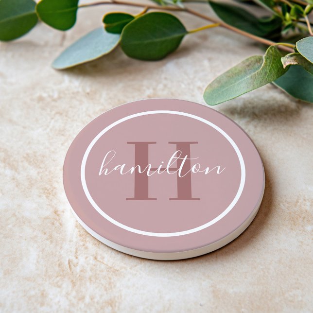Elegant Dusty Rose Round Monogram Script Coaster (Creator Uploaded)