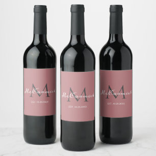 Elegant Dusty Rose Script Family Monogram Name Wine Label
