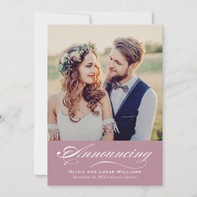 Elegant Dusty Rose Script Wedding Photo Reception Invitation (Front)