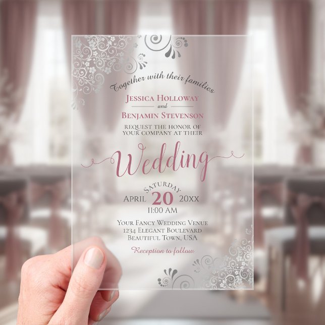 Elegant Dusty Rose & Silver Calligraphy Wedding Acrylic Invitations (Frosted Acrylic with Rectangle Cut)