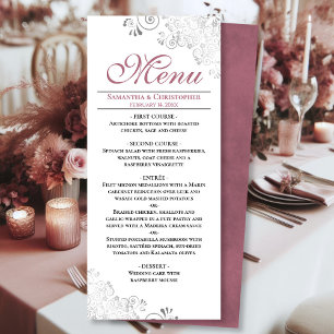 Elegant Dusty Rose Silver Swirls on White Wedding Menu