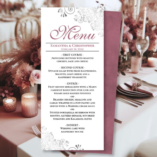 Elegant Dusty Rose Silver Swirls on White Wedding Menu (Front/Back)