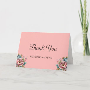 Elegant Dusty Rose Teal Blue Floral Wedding Thank You Card