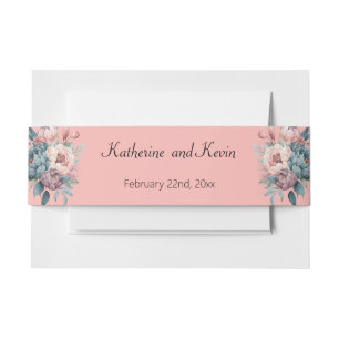Elegant Dusty Rose Teal Floral Wedding Invitation Belly Band