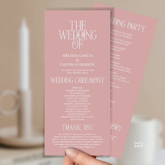 Elegant Dusty Rose Typography Wedding Program Programme (Elegant Rose Gold Typography Modern Romantic Wedding Program Card)