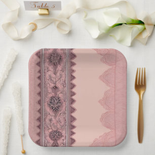Elegant Dusty Rose Vintage Lace Border Wedding Paper Plate