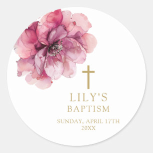 Elegant Dusty Rose Watercolor Floral Baptism Classic Round Sticker