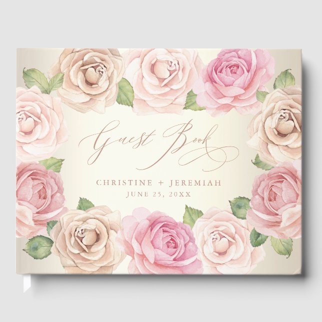 Elegant Dusty Rose Watercolor Floral Wedding Guest Book (Front)