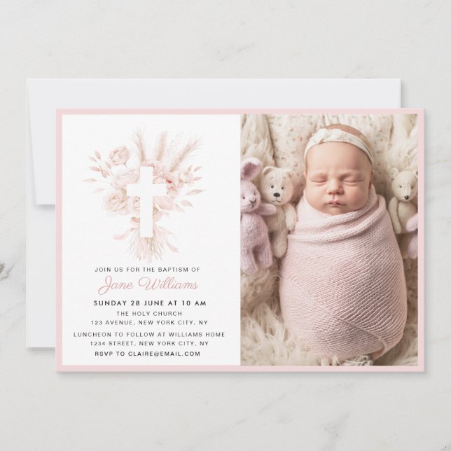 Elegant dusty rose watercolor florals Baptism  Invitation (Front)