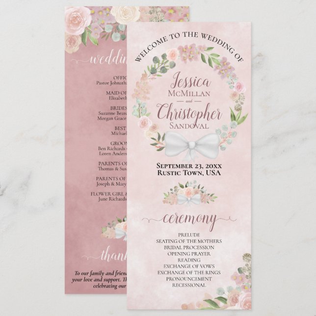 Elegant Dusty Rose Watercolor Wreath Wedding Programme (Front/Back)