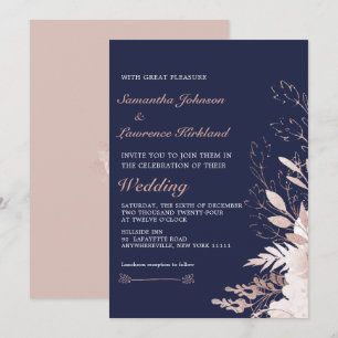 Elegant Dusty Rose White Floral Navy Blue Wedding Invitation