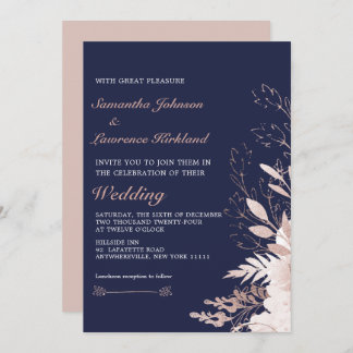 Elegant Dusty Rose White Floral Navy Blue Wedding Invitation