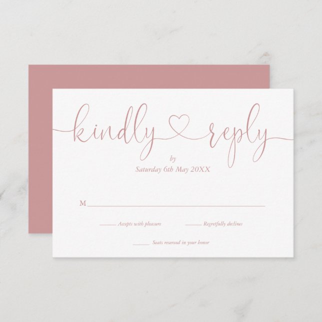 Elegant Dusty Rose White Script Heart Kindly Reply RSVP Card (Front/Back)