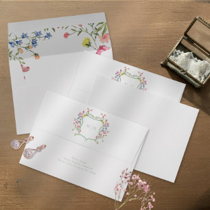 Elegant Dusty Sage Pastel Wildflower Crest Wedding Envelope