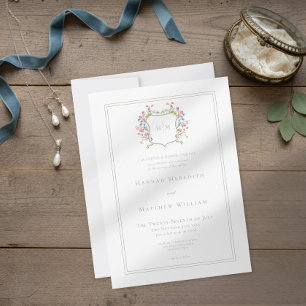 Elegant Dusty Sage Pastel Wildflower Crest Wedding Invitation