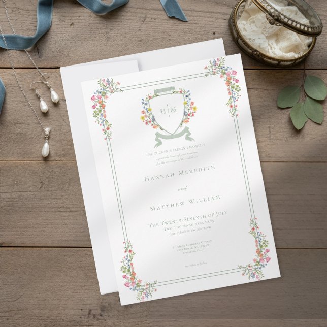 Elegant Dusty Sage Pastel Wildflower Crest Wedding Invitation (Creator Uploaded)