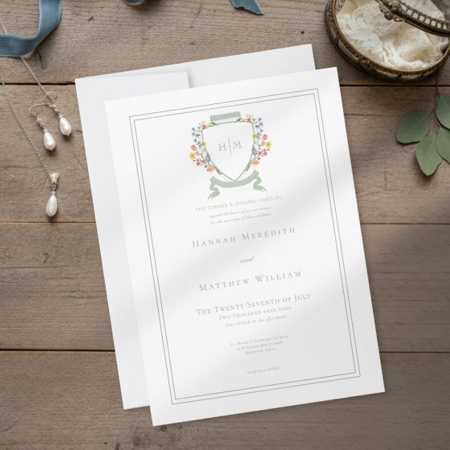 Elegant Dusty Sage Pastel Wildflower Crest Wedding Invitation (Creator Uploaded)