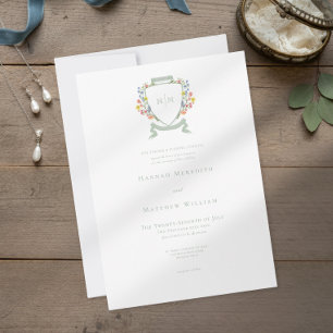 Elegant Dusty Sage Pastel Wildflower Crest Wedding Invitation