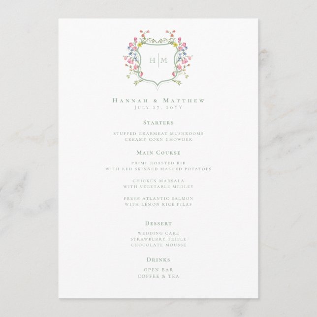 Elegant Dusty Sage Pastel Wildflower Crest Wedding Menu (Front)