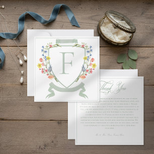 Elegant Dusty Sage Pastel Wildflower Crest Wedding Thank You Card