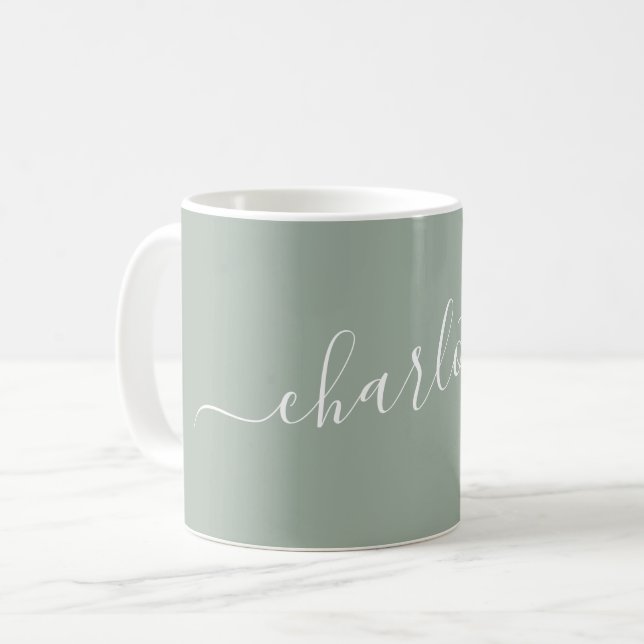 Elegant Dusty Sage Script Modern Name Personalized Coffee Mug (Front Left)