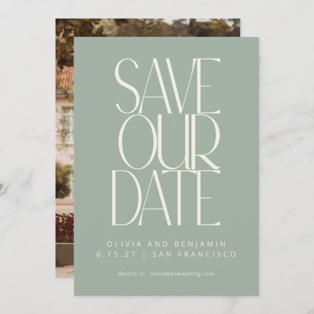 Elegant Dusty Sage Simple Modern Trendy Photo Save The Date (Front/Back)