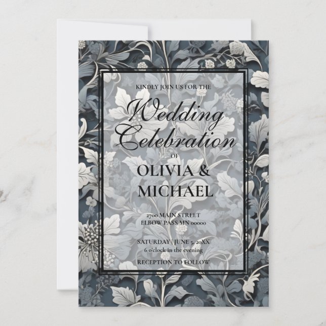 Elegant dusty silver white grey floral Wedding Invitation (Front)