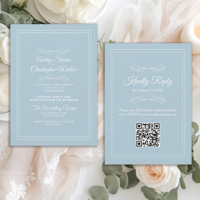 Elegant Dusty Sky Blue White QR code Wedding Invitation (Elegant dusty blue QR code wedding invitation)