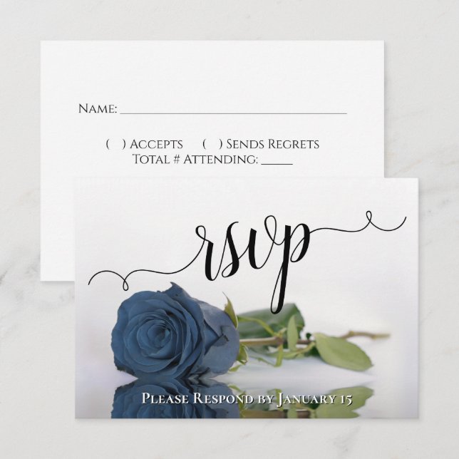 Elegant Dusty Steel Blue Rose Reflections Wedding RSVP Card (Front/Back)