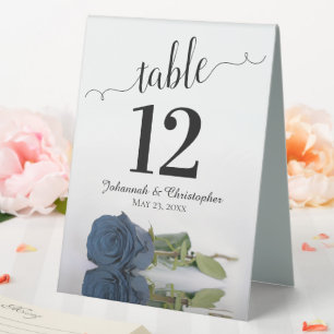 Elegant Dusty Steel Blue Rose Wedding Table Number