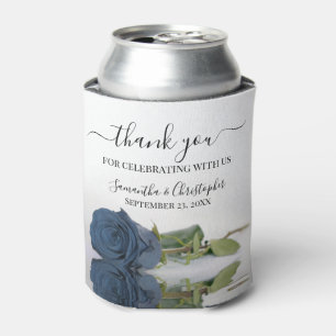 Elegant Dusty Steel Blue Rose Wedding Thank You Can Cooler