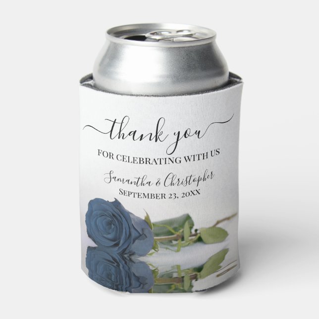 Elegant Dusty Steel Blue Rose Wedding Thank You Can Cooler (Can Front)