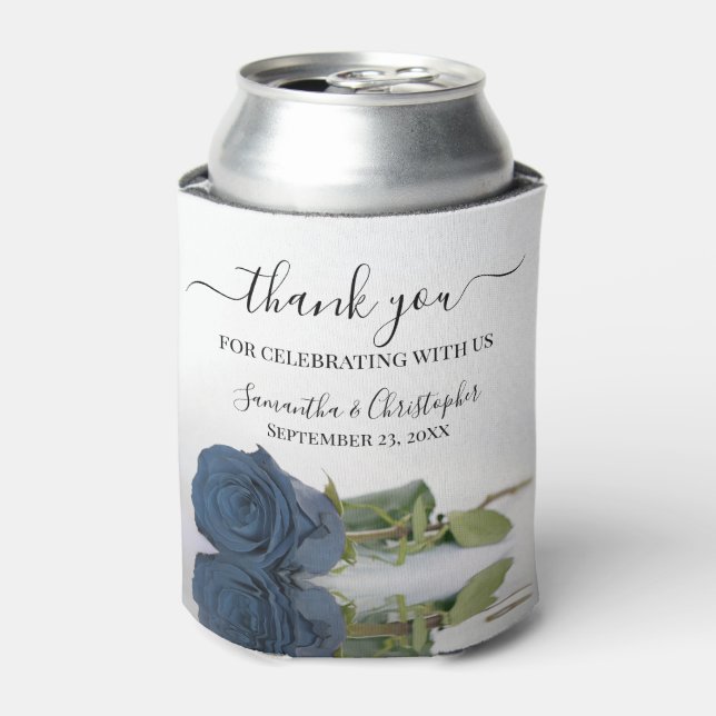 Elegant Dusty Steel Blue Rose Wedding Thank You Can Cooler (Can Front)