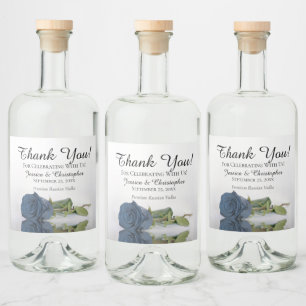 Elegant Dusty Steel Blue Rose Wedding Thank You Liquor Bottle Label