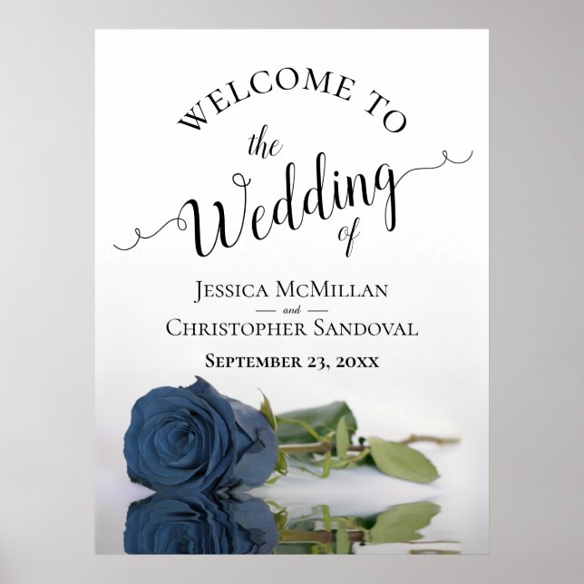 Elegant Dusty Steel Blue Rose Wedding Welcome Poster (Front)