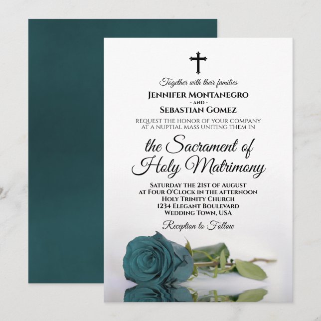 Elegant Dusty Teal Rose Modern Catholic Wedding Invitation (Front/Back)