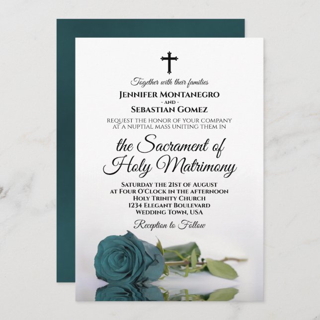 Elegant Dusty Teal Rose Modern Catholic Wedding Invitation (Front/Back)