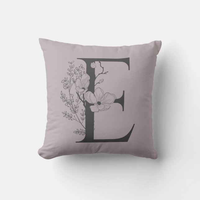 Elegant E Boho Floral Monogram Initial Lilac Grey Cushion (Front)