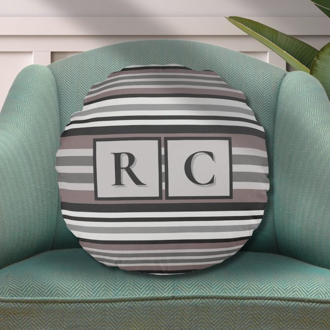 Elegant Earth Tone Brown Savannah Stripes Monogram Round Cushion (Creator Uploaded)