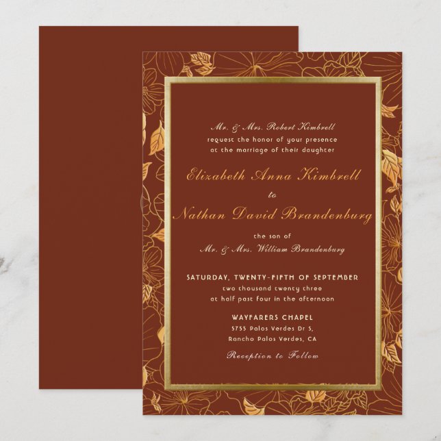 Elegant Earth Tone Terracotta Gold Floral Wedding Invitation (Front/Back)