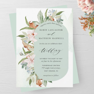 Elegant Earthy Blooms, Sage Green Oval Wedding Invitation