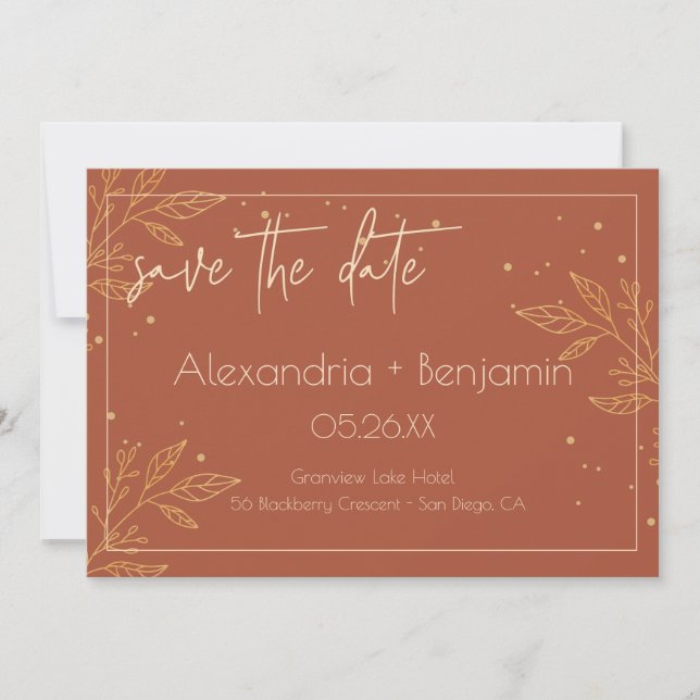 Elegant Earthy Brown & Gold Floral Wedding Save The Date (Front)