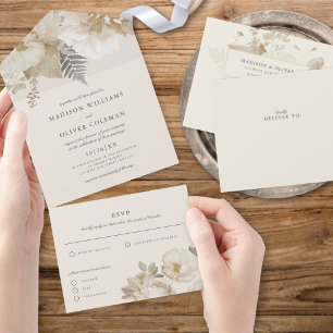Elegant Earthy Floral Botanical Cream Wedding All In One Invitation