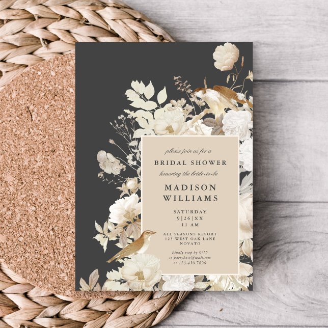 Elegant Earthy Floral Dark Grey Chic Bridal Shower Invitation (Creator Uploaded)