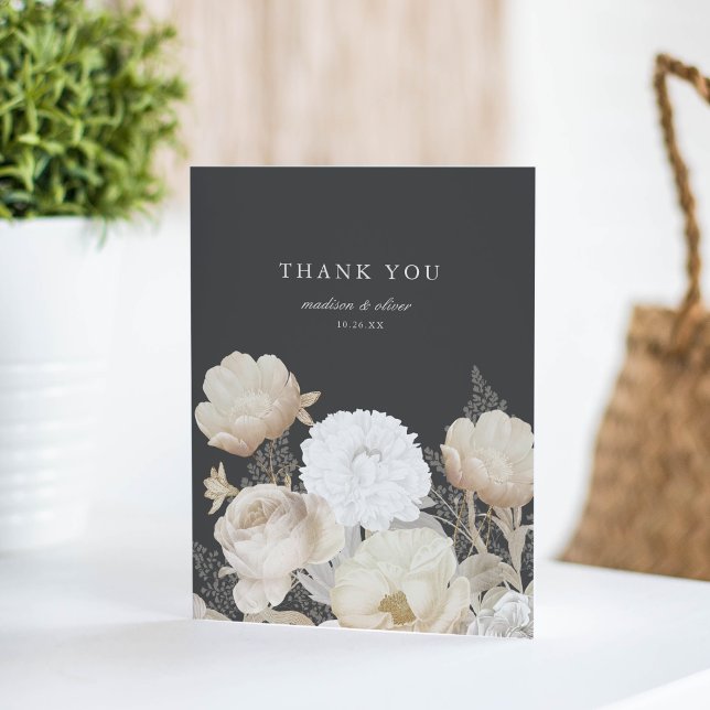 Elegant Earthy Floral Dark Grey Chic Wedding Thank You Card (Creator Uploaded)