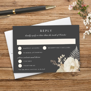Elegant Earthy Floral Dark Grey Wedding RSVP Card